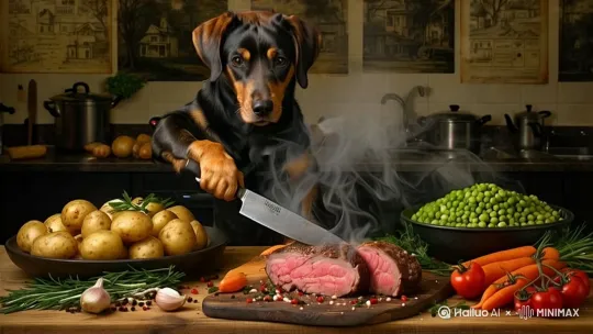 狗狗拿着刀正在切肉，动作要自然，特别是手里的刀，刀要切到肉里，肉也要很自然的裂开，它正准备做一顿丰富的晚餐。旁边还冒着热气。 by Hailuo AI Video Generator
