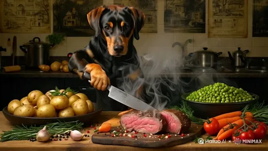 狗狗拿着刀正在切肉，动作要自然，特别是手里的刀，刀要切到肉里，肉也要很自然的裂开，它正准备做一顿丰富的晚餐。旁边还冒着热气。 by Hailuo AI Video Generator