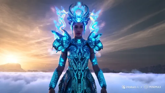 Cyberpunk Nezha shattering the Sky Origin Cauldron, biomechanical deity with plasma accessories, hyper-detailed qilin-scale armor glowing with quantum runes, cinematic explosion of shattered digital relics, unreal engine 5 rendering with volumetric fog, trending on ArtStation, 8k resolution --ar 21:9 --v 6.0 by Hailuo AI Video Generator