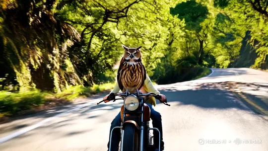 猫头鹰带着孩子骑摩托车 by Hailuo AI Video Generator