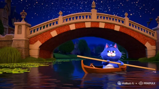 夜晚，在一座英式的石头和砖打起来的古桥下，有一条倒映着星星的小河，非常美好。一只可爱的蓝色胖猫在一艘小船上撑着一支长蒿在划船，水下长满了摇动的水草。蓝色胖猫好奇地打量四周，抬头看向星空。夜色很美，画面柔和，主体为蓝色胖猫呈卡通写实风格，蓝色胖猫的毛发清晰可见，画面非常治愈美好。 by Hailuo AI Video Generator