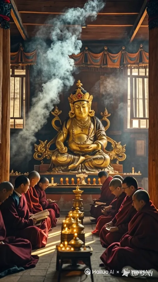 烟雾缭绕，烛光摇曳，僧人们口诵经文，自然摇晃着身体，氛围祥和安宁[左移,上升] by Hailuo AI Video Generator