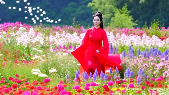 一个古风美女，穿着战国时期的红色长裙，跑着穿过花丛，花丛里开着各色的花，天空飞舞着白色绒毛，场地唯美，梦幻 by Hailuo AI Video Generator