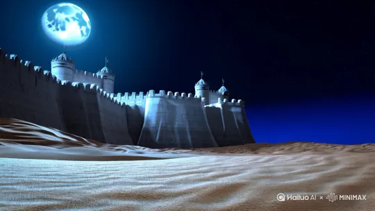 中国古代卡通，3D卡通风格，皮克斯风格，镜头从浩瀚星空缓缓拉近，聚焦到广袤无垠、黄沙漫天的塞外大漠。远处，连绵起伏、古朴雄伟的关隘城墙在清冷月光下逐渐清晰，泛着银白的光。天空中，一轮皎洁的明月高悬，洒下的月光如水般铺满大地。画面中，一位身着粉红色唐装风格衣服、扎着灵动发髻的小女孩，迈着轻快步伐从画面一侧走入，站在关隘下，缓缓仰头凝视明月，眼神中透着对这片古老土地深深的好奇与思索。镜头围绕小女孩和关隘做360度环绕，展示全景后，渐隐画面，为下一场景做过渡。 by Hailuo AI Video Generator