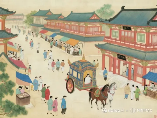 华丽马车缓缓驶过，周围行人避让，建筑宏伟，色彩鲜明[下降,上摇] by Hailuo AI Video Generator