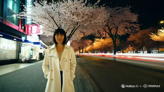 夜晚城市街道旁的樱花树，霓虹灯牌闪烁，[左移,推进,右摇]穿白色风衣的短发女性单手插兜站立，飘落的花瓣与路灯暖光交织，远处模糊的车流光影形成虚化背景。[拉远,上升,下摇] by Hailuo AI Video Generator