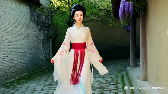 春风拂过江南古镇的青石板巷,一位身着月白色交领襦裙的女子款步而来。衣袂轻扬间,暗纹云纹若隐若现,腰间系着茜色宫绦,坠着的流苏随步伐摇曳生姿。她乌发高绾成灵蛇髻,斜插一支缠枝银步摇,碎珠轻颤似檐下风铃。肤如凝脂的面庞上,黛眉微蹙,眼波流转间似藏着千年水墨,樱唇轻抿,恍若初绽的杏花沾着晨露。指尖轻抚过廊柱上垂落的紫藤花,袖口露出的缠花刺绣在阳光下泛着柔光,连掠过她身侧的飞燕,也仿佛被这穿越千年的优雅惊艳,翅尖轻点便不敢惊扰。 by Hailuo AI Video Generator