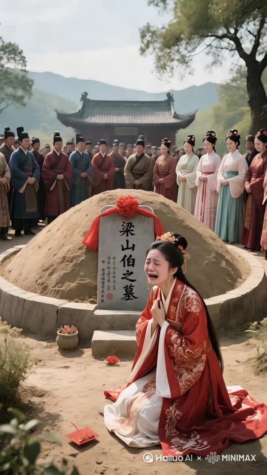 一道惊雷带闪电劈开坟墓，新娘快速跳进坟墓里，坟墓快速合拢，两只蝴蝶从坟墓里飞出来 by Hailuo AI Video Generator