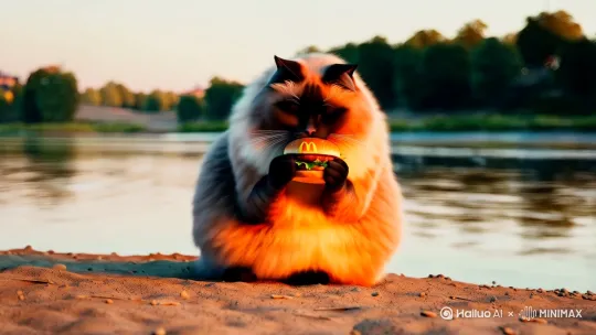 一条，非常胖的篮猫在河边吃麦当劳 by Hailuo AI Video Generator
