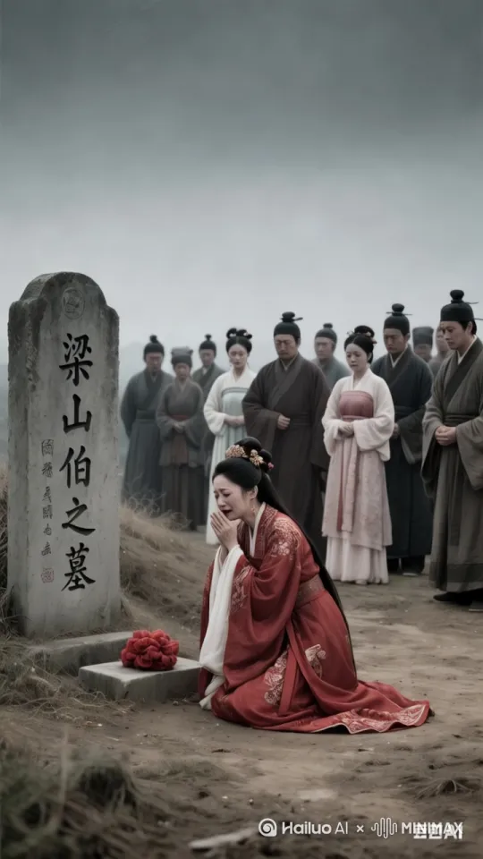 一道惊雷带闪电劈开坟墓，新娘快速跳进坟墓里，坟墓快速合拢，两只蝴蝶从坟墓里飞出来 by Hailuo AI Video Generator