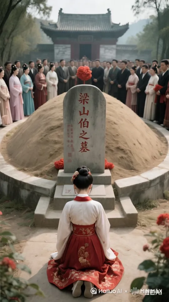一道惊雷带闪电劈开坟墓，新娘快速跳进坟墓里，坟墓快速合拢，两只蝴蝶从坟墓里飞出来 by Hailuo AI Video Generator