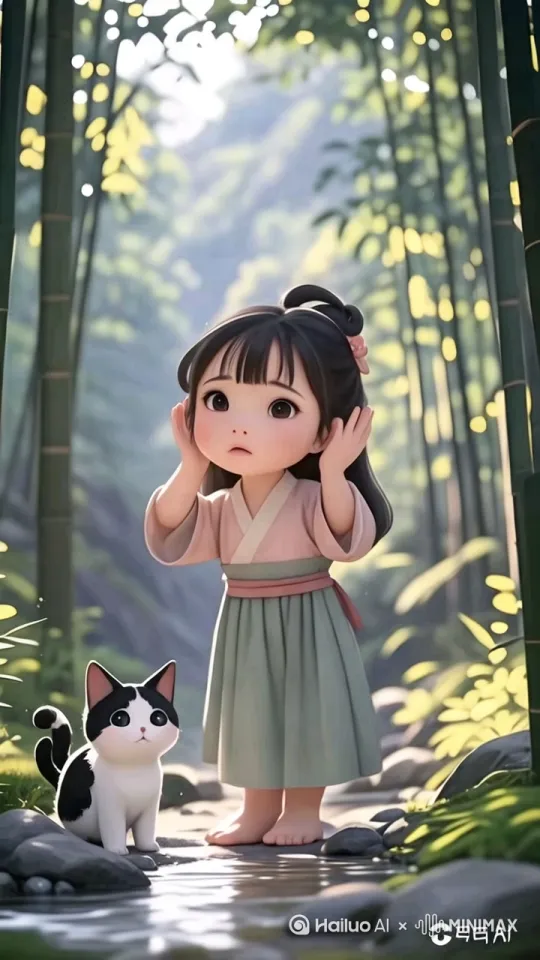 Q 版古风女孩站在山林小径上，微微歪头，侧耳倾听，右手举起伸向耳旁，脸上露出疑惑又专注的神情。小猫也竖起耳朵，警觉又好奇地张望。周围的树木、花草在微风中轻轻摇曳。脚下是铺满石子的小溪，小溪有泉水流过，画面比例 9:16。 by Hailuo AI Video Generator