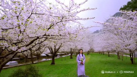 春和景明时，梨花带雨，清明日，远方的女儿遥祭奠父亲母亲，手捧盛开的梨花.给父母双亲叩头 by Hailuo AI Video Generator