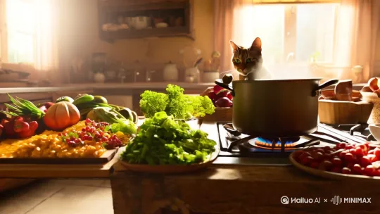 一只猫在炒菜 by Hailuo AI Video Generator