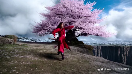 悬崖边千年樱花古树，红衣女侠执剑独立，飞舞发丝，[拉远,上升,下摇]剑气激起花瓣龙卷，远处云海翻涌，飘落的雪花与樱花混杂，发丝与衣袂在风中狂舞，水墨质感的写意留白。[左移,上升] by Hailuo AI Video Generator