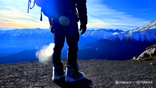 [推出,上升,下摇]全景：微蓝晨光下，登山者背对镜头站立，面前是连绵起伏的雪山剪影，呼出的白气在冷空气中凝结  
[推进]特写：沾满露珠的登山靴踩碎石路面，碎石滚落声与清脆鸟鸣交织  
[变焦推进]动态镜头：拉开背包检查装备——冰镐碰撞声、折叠登山杖金属摩擦声、能量棒包装纸窸窣声  

[固定镜头]第一视角：戴手套的手抓住风化岩壁，指节因用力发白，碎石簌簌掉落深渊无回响  
[右移,左摇,跟随]仰拍：登山者呈剪影悬挂在近乎垂直的冰壁上，冰镐挥动时飞溅的冰晶在阳光下折射彩虹  
环境细节：突然刮起的强风吹乱头发，防风镜瞬间结霜，急促呼吸声逐渐加重  


[晃动]慢动作：踩空的碎石沿陡坡翻滚，登山绳猛然绷紧，保护器与绳索摩擦发出刺耳吱呀声  
[固定镜头]特写：颤抖的手摸索岩缝，指甲缝渗出血迹，额角汗水滑落至下巴  
声效设计：远处闷雷滚动，风啸突然沉寂，不祥的雪层断裂声由远及近  
360度环绕：登顶瞬间狂风骤停，云海在脚下翻涌，佛光现象笼罩人影  
[左摇,变焦推进]微观镜头：结冰的睫毛下瞳孔震颤，干裂嘴唇无声翕动，冻僵的手指轻触经幡  
 [下降,上摇]超现实处理：褪色照片从口袋飘落——童年时的自己在山脚仰望的旧照与当下景象重叠  
[推出,上升,下摇]延时摄影：光影在山脊线流动，渺小人影在巨大山体投下的长影中蹒跚下行  
[左移,推进,右摇]哲学空镜：留在岩壁的八字环在暮色中泛着冷光，远处新一轮暴风雪正在酝酿  
终幕：城市夜景渐显，登山者将冰镐挂上公寓白墙，窗外霓虹与记忆中的星光重叠
- 声音蒙太奇：穿插不同海拔高度特征音效（2000米松涛/5000米冰裂/8000米死亡地带寂静）  
- 装备符号化：反复出现磨损的指南针、刻度模糊的高度表、字迹晕染的登山日记  
- 气候拟人化：用慢门拍摄流云如巨手抚过山脊，雾霭像白色幽灵缠绕峭壁  

- 在每个险峻镜头中插入0.5秒童年家庭录像闪回  
- 登顶时发现前人遗落的氧气瓶，特写瓶身腐蚀的求救刻痕  
- 尾声字幕浮现等高线地形图，红线轨迹最终与心电图波纹重合 by Hailuo AI Video Generator