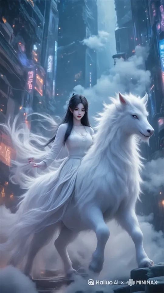 开场远景:无人机从云雾层拉升,魔幻大都市全貌入镜——霓虹灯管与悬浮建筑交叠,云雾在摩天楼间翻涌,冷调蓝光勾勒都市轮廓,奠定赛博魔幻史诗基调。
推进式中景:镜头穿破薄雾,跟焦至女子与白泽,浅景深虚化背景,慢镜头捕捉白泽蓬松毛发随风翻卷、女子裙摆如流水摆动的动态,光影在建筑玻璃幕墙上折射出流动光斑。
环绕式特写:环绕运镜聚焦人物与神兽,微距展现女子服饰暗纹、白泽瞳孔中的都市倒影,冷暖光对撞强化面部立体感,辅以粒子特效模拟空气中漂浮的魔法尘埃。 动态跟拍镜头:低角度跟拍白泽行进,脚步踏碎云雾生成微光涟漪,都市霓虹流光掠过人兽身躯,剪辑节奏随步伐加速,搭配金属质感转场,凸显史诗级行进的震撼张力。
收尾意境镜头:长焦远景收束画面,女子与白泽立于悬浮平台,背后是明暗交织的都市森林,镜头渐暗留一丝光晕,以电影级留白传递神秘余韵。 by Hailuo AI Video Generator
