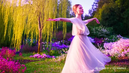 - 一位身着轻盈纱裙的美女在上述园林中翩翩起舞，身姿曼妙如春日微风中轻摆的柳枝。双臂舒展似振翅欲飞的蝴蝶，轻薄飘逸的纱裙随之舞动如云雾缭绕。旋转时纱裙飞扬，与四周随风而动的花瓣相互交织，分不清花瓣与舞步，超高清，3D渲染，cinematic light by Hailuo AI Video Generator