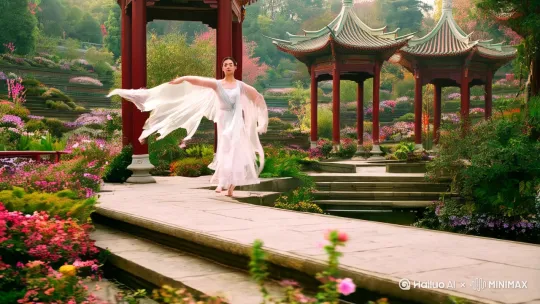 - 美女时而莲步轻移，脚步与地面接触轻柔如羽毛飘落，时而水袖挥舞似灵动蛟龙穿梭于亭台楼阁间，水袖轨迹与园林蜿蜒回廊相互呼应。美女每一个动作都与周围亭台、花草完美融合构成绝美动态画卷，超高清，3D渲染，cinematic light by Hailuo AI Video Generator