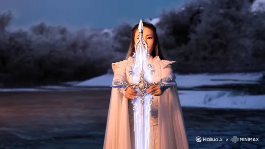 陆雪琪手拿冰霜剑，剑竖立在身前，施咒召唤冰霜法阵。（推近，左摇，跟随） by Hailuo AI Video Generator