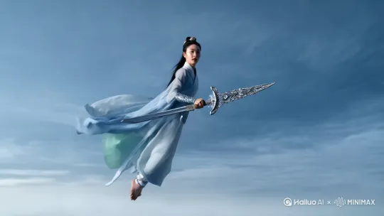 陆雪琪手拿冰霜剑，飞到空中使用冰霜剑施法，召唤冰霜法阵攻击喷火龙。[变焦推进,右摇,跟随] by Hailuo AI Video Generator