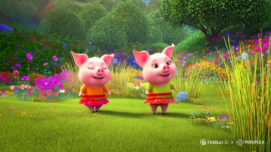 帮我创造一个视频，
时长30秒，
两只小猪在跳舞
配音乐， by Hailuo AI Video Generator