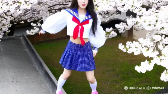 【甜妹JK元气舞】 双马尾幼态萌妹 水手服改短款露腰设计 蓝白格超短裙+纯白过膝袜 粉色运动鞋 在樱花校园天台跳宅舞 泡泡袖随动作晃动 露出腰，要白，要离得近，跳劈叉舞蹈（看内内） by Hailuo AI Video Generator