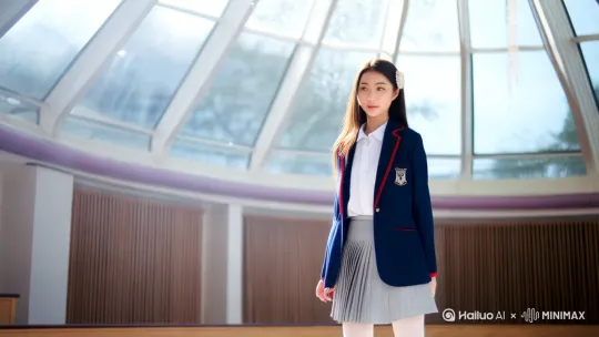 【甜妹JK元气舞】 站着竖劈叉,舞蹈, 清纯校花脸 深蓝西装外套打结露腰 百褶短裙+纯白连裤袜 珍珠发卡点缀 在礼堂玻璃穹顶下跳女团舞 阳光穿透形成光斑投影 飘落的水晶雪花触地即碎露出腰,要白,要离得近, by Hailuo AI Video Generator
