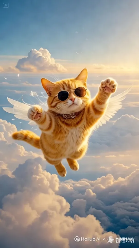 大橘猫在天空飞翔，镜头由正面转向背后 by Hailuo AI Video Generator