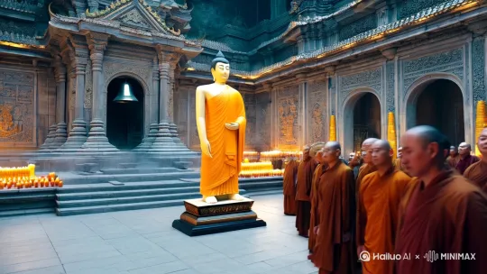 你你做金碧辉煌的寺庙内,佛祖神像立于中央,周边有许多行僧与方丈,使下 一瞬,一声钟声 震荡,佛祖神像变成由红色触手缠绕面部生出獠牙好像那魔,周边行僧与方丈也变了副面孔,变得好似妖魔整个大殿也变成破烂的佛堂 by Hailuo AI Video Generator