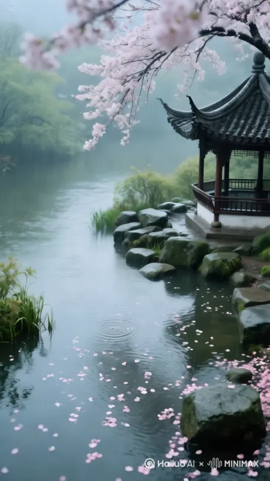 [推进]镜头缓缓向前到亭子，[右移]转向左侧树林 by Hailuo AI Video Generator