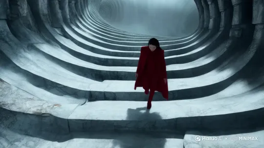 一个巨大的莫比乌斯环阶梯,有一个红衣小人,怎么走也走不出去,斑驳纹理,阶梯深不见底,下方被雾气掩埋,整个画面透着灰蓝色阴暗气息,充满神秘,诡异的色彩,如梦魇般缠绕,无法挣脱,现实,恐怖电影风格,鸟瞰,超清晰 by Hailuo AI Video Generator