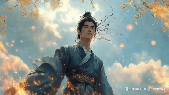 清风浮动发丝，离子光影，[推进,上升][右移,左摇,跟随] by Hailuo AI Video Generator