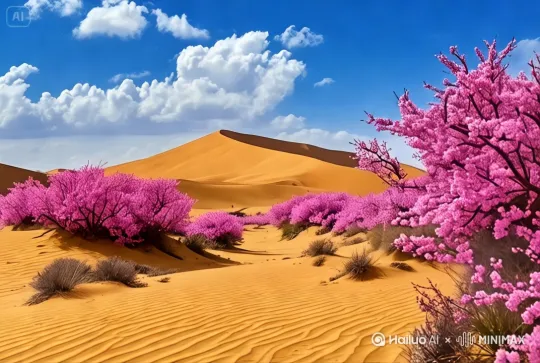 [左移,右摇,跟随]一行骆驼在花海中行走 by Hailuo AI Video Generator
