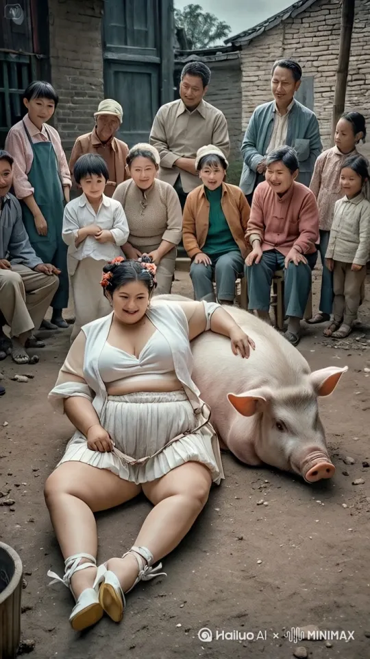 胖女人左腿猛地一蹬地，高高跃起，右脚如旋风般扫向猪的头部。猪机灵地低头闪躲，同时猛地向前一冲，用头顶向胖女人的腹部。胖女人左拳一招右拳则如雷霆万钧之势直击猪的侧身。猪侧身一扭，避开拳头，猪跳起来施展出迅猛的连环踢猛踢向胖女人。胖女人迅速抽回手，猪突然高高跃起，向胖女人踢去，胖女人趁猪落地未稳，飞起一脚踢在猪屁股上，他们的招式刚柔并济，时而是刚猛的直拳，时而是柔美的转身回旋踢，尘土飞扬。其它的人都站起身来鼓掌呐喊。 by Hailuo AI Video Generator