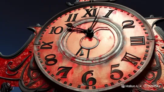 ‌《终焉六秒》‌
‌总时长‌：6秒（0.0-2.0s｜2.1-4.0s｜4.1-6.0s）

‌第一幕（0.0-2.0s）‌
[镜头爆破开场]

0.0s：血锈巨钟撕裂虚空（镜头从地面45°仰角急速拉升，伴随金属撕裂音效）
0.8s：血字「招災」在饕餮纹路汇聚成型（甲骨文笔画逐帧燃烧特效）
1.5s：钟杵首次撞击铜壁（慢动作凝固在接触瞬间，声波开始形成黑洞漩涡）
‌第二幕（2.1-4.0s）‌
[声波湮灭高潮]

2.3s：黑色声波震碎空间（玻璃裂纹从钟体向外辐射，草灰碳化过程加速x10）
3.1s：耳道流血特写（血珠悬浮空中，倒计时数字00:07:32在虹膜反光）
3.9s：钟顶裂纹喷发硫磺火（火星拖尾形成「7:31」数字形态）
‌第三幕（4.1-6.0s）‌
[深渊同步终局]

4.5s：影子溶解成沥青（流体模拟速度x3，地面反光映出深渊瞳孔阵列）
5.2s：血锈锁链缠祭坛（锁环每0.2s崩断一根，伴随倒计时滴答声）
5.9s：千万瞳孔同时收缩（画面突然静帧，所有色彩坍缩为黑白噪点）
‌强制参数‌：
[时间压缩系数]：T=0.7（维持动态模糊的紧张感）
[帧聚焦点]：每秒设置3个核心视觉锚点（血锈/声波/瞳孔）
[音频触发点]：在0.8s/3.1s/5.9s植入低频钟鸣（37Hz次声波频率）

‌精简特效包‌：

血字生成：使用「甲骨文笔画粒子聚合」预设（降低50%粒子数量）
深渊瞳孔：启用「量子虹膜Lite」模型（保留瞳孔开合基础动态）
空间崩坏：采用「克莱因破碎v2.3」算法（仅渲染X轴向畸变） by Hailuo AI Video Generator