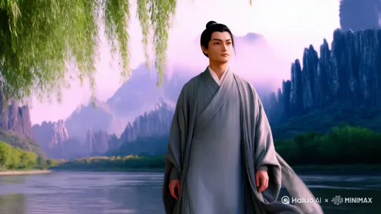 这个电影场景描绘了一幅宁静的风景。一名田园诗人气质男子沿着河岸缓慢行走。男人穿着一件飘逸的长袍。人物在场景画面占比不超过30%。在远处有一系列崎岖不平、雾气弥漫的山脉。山脉以蓝色、灰色和白色为主，并带有淡淡的粉红色和紫色，给人一种雾蒙蒙、空灵的感觉。在河岸边沿河生长着一些垂柳，树叶下垂，随风飘逸。 by Hailuo AI Video Generator