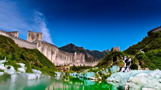 [推出,上升,下摇]🌄✨【#秦皇岛冰糖峪 | 探秘北国九寨，解锁长城奇境】✨🌄

🔥 **爆款必打卡！北方小九寨+长城秘境，刷屏抖音的奇幻之旅！**  
📍#冰糖峪长城风情大峡谷，AAAA级景区免费开放！  
👉 **四季奇幻**：夏天峡谷结冰❄️，冬日地下冒热气🌫️，反季节奇观全网独家！  
🌿 **天然氧吧**：碧潭映长城，溪流穿白石，随手一拍都是《国家地理》大片！  

📸 **爆款拍摄点推荐**：  
1️⃣ **玻璃栈道**：云端漫步☁️，晴天倒影蓝天，雾天如临仙境！  
2️⃣ **南天门奇峰**：刀削斧劈的险峻石壁，传说中美猴王大闹天宫之地！  
3️⃣ **冰火秘境**：夏季冰层覆盖野花丛，冬日暖雾缭绕，神秘未解之谜等你揭秘！  
4️⃣ **长城遗迹**：触摸千年历史，烽火台旁拍出沧桑感国风大片！  

🍃 **沉浸式体验**：  
- 徒步野趣：采摘野葡萄🍇、枸杞，偶遇珍稀天女木兰！  
- 民俗风情：尝地道烤全羊、玉米饼，感受农家烟火气～  
🚗 **交通攻略**：自驾承秦高速抚宁北出口直达，或乘火车至秦皇岛站转班车 by Hailuo AI Video Generator