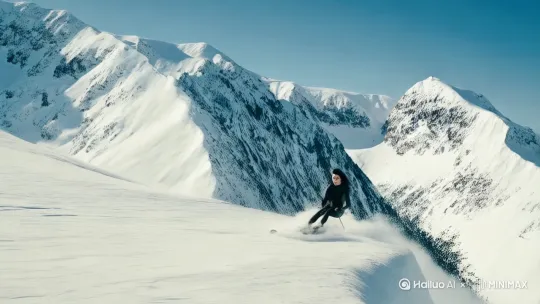 主题：深山大雪崩
描述：高山上发生大雪崩，惊天动地，只见一人从雪山上踩着滑雪板快速滑下。
气氛：紧张刺激 by Hailuo AI Video Generator