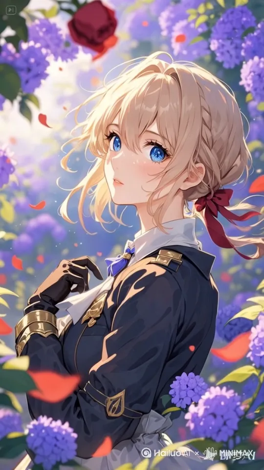 拉到脸上，少女忧郁看着远方，花朵微风浮动 by Hailuo AI Video Generator