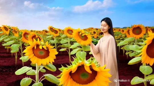 湛蓝天幕被揉碎的云絮晕染成水彩,亿万株向日葵以统一的弧度仰起头颅,仿佛大地举起无数黄金圆盘承接天光。花瓣边缘被阳光熔成半透明的碎金,根系之下,暗红土壤正翻涌着蚯蚓与腐殖质的潮汐——这是一场无声的庆典,地脉的每一次震颤都让花海漾起金色波澜,从地平线卷向另一重地平线。 by Hailuo AI Video Generator