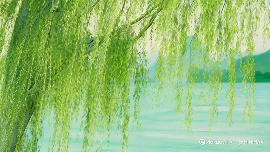 ### **1. 春风拂面柳丝长**  
**画面元素**：  
- 春风吹动柳条，柳叶嫩绿细长，柳枝随风摇曳。  
- 远处青山隐约可见，近处湖面泛起涟漪。  
- 一位穿浅色长衫的人物侧身站立，闭眼感受春风，发丝轻扬。  
**色彩**：嫩绿（柳叶）、浅蓝（天空）、淡青（湖水）、米白（人物服饰）。  
**风格**：国风水墨画，线条柔和，背景虚化，突出春风动态感。[右摇,变焦推进] by Hailuo AI Video Generator