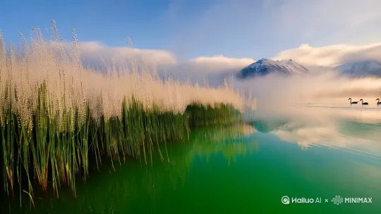 "清晨薄雾笼罩的翡翠色湖泊，4K超写实摄影，采用哈苏X2D色彩科学。近景芦苇挂着露珠微距特写，中景天鹅群滑出V型水波纹，背景雪山倒映水面。加入动态元素：雾气流动速度0.5x，阳光穿透云层形成丁达尔效应"  
*示例参数：*  
`Stable Diffusion提示词：film still of Alpine lake at dawn, Hasselblad X2D, f/8 1/60s ISO200, mist flowing, swan reflection --ar 16:9`[右摇,变焦推进] by Hailuo AI Video Generator