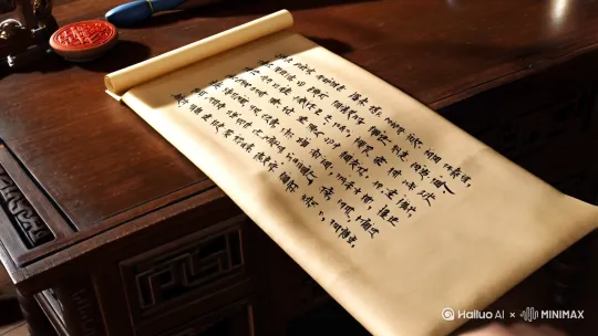 ### **2. 养生秘诀记心上**  
**画面元素**：  
- 展开的卷轴或古书，上书“春养肝，夜卧早起”等文字。  
- 背景为木质书桌，摆放毛笔、砚台、茶杯。  
- 一只手指轻点卷轴，象征“铭记于心”。  
**色彩**：米黄（卷轴）、深棕（木桌）、靛青（毛笔）、朱红（印章点缀）。  
**风格**：复古手绘，细节写实，光影聚焦文字部分。 by Hailuo AI Video Generator