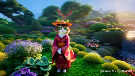 画面中，一只身着福娃精美装扮的猫咪，置身于一座充满空灵禅意的花园之中。花园里，有一道瀑布潺潺流淌，水流飞溅，在阳光的映照下闪烁着晶莹的光芒，营造出一种静谧而祥和的氛围。 by Hailuo AI Video Generator