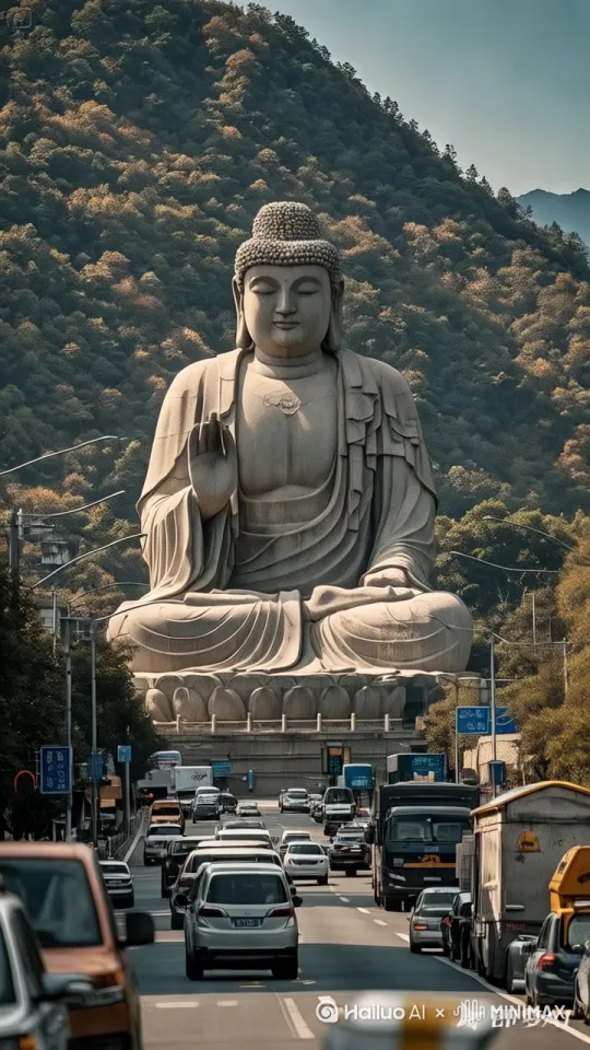 一尊古老石佛闭目盘坐，晨光穿透雾气洒落其身，突然，佛像指尖轻颤，石缝中簌簌落下细尘。双腿关节发出石块摩擦的闷响。他以石掌撑地，衣袍褶皱如波涛翻涌，最终直立如峰，双手合十。 by Hailuo AI Video Generator