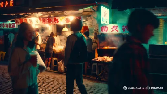 路灯昏黄，他挤过人群，街边烧烤摊的烤肉香混着油烟扑面。众多摊主吆喝声此起彼伏，铁板鱿鱼在油锅里噼啪蹦跳。年轻人举着奶茶嬉笑擦肩，塑料袋沙沙晃动。拐角处，月亮从霓虹招牌缝隙间漏下来。 by Hailuo AI Video Generator