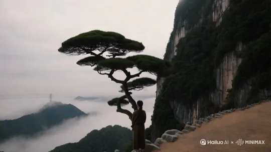 站在迎客松下黄山云海，配上音乐适合此视频 by Hailuo AI Video Generator