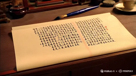 ### **2. 养生秘诀记心上**  
**画面元素**：  
- 展开的卷轴或古书，上书“春养肝，夜卧早起”等文字。  
- 背景为木质书桌，摆放毛笔、砚台、茶杯。  
- 一只手指轻点卷轴，象征“铭记于心”。  
**色彩**：米黄（卷轴）、深棕（木桌）、靛青（毛笔）、朱红（印章点缀）。  
**风格**：复古手绘，细节写实，光影聚焦文字部分。 by Hailuo AI Video Generator