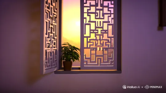 ### **5. 夜卧早起迎朝阳**  
**画面元素**：  
- 清晨微光中，中式庭院窗棂半开，窗外朝阳初升。  
- 人物（穿素色睡衣）推开窗户，伸懒腰迎接阳光。  
- 窗台摆一盆绿植（如文竹），鸟雀飞过天际。  
**色彩**：浅金（晨光）、淡紫（天际）、灰白（窗棂）、墨绿（盆栽）。  
**风格**：水墨淡彩，光影朦胧，突出“晨起”的静谧感。 by Hailuo AI Video Generator